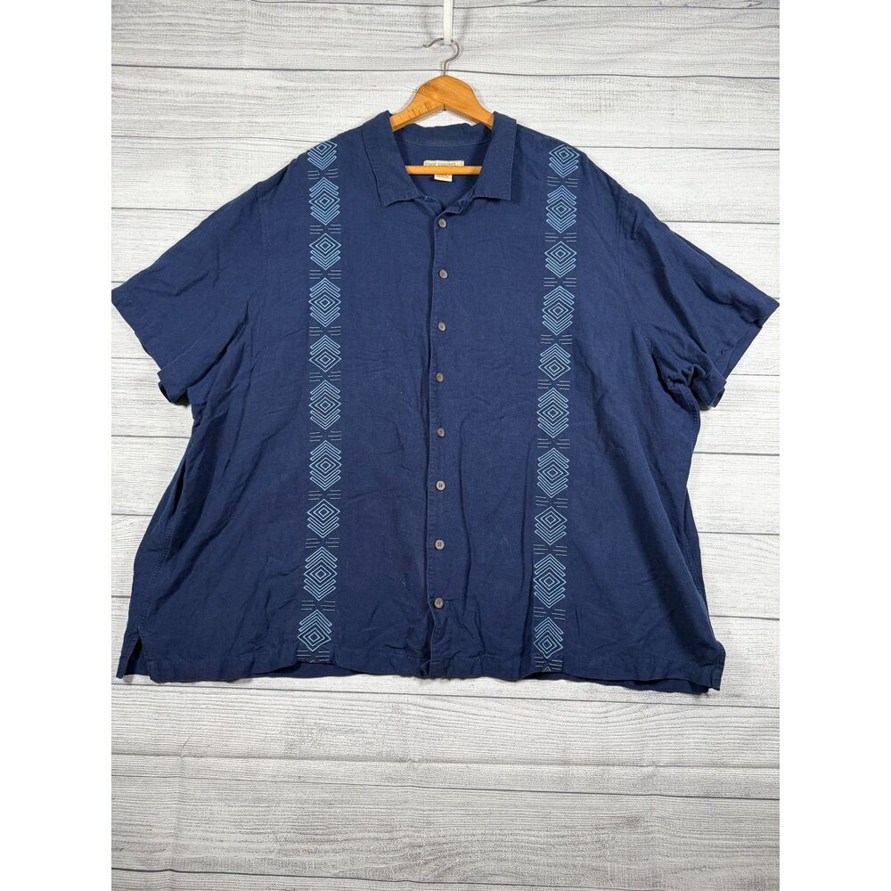 Island Passport Mens 3XLT Navy Linen Rayon Geometric Button Shirt 4159